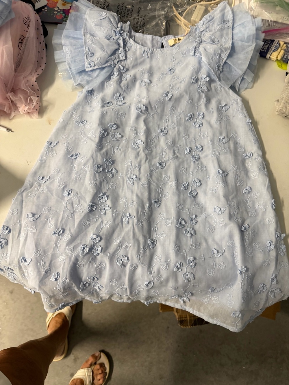 Girls size 6 blue cotton dress with flour, embellishments, angel sleeves, and TU